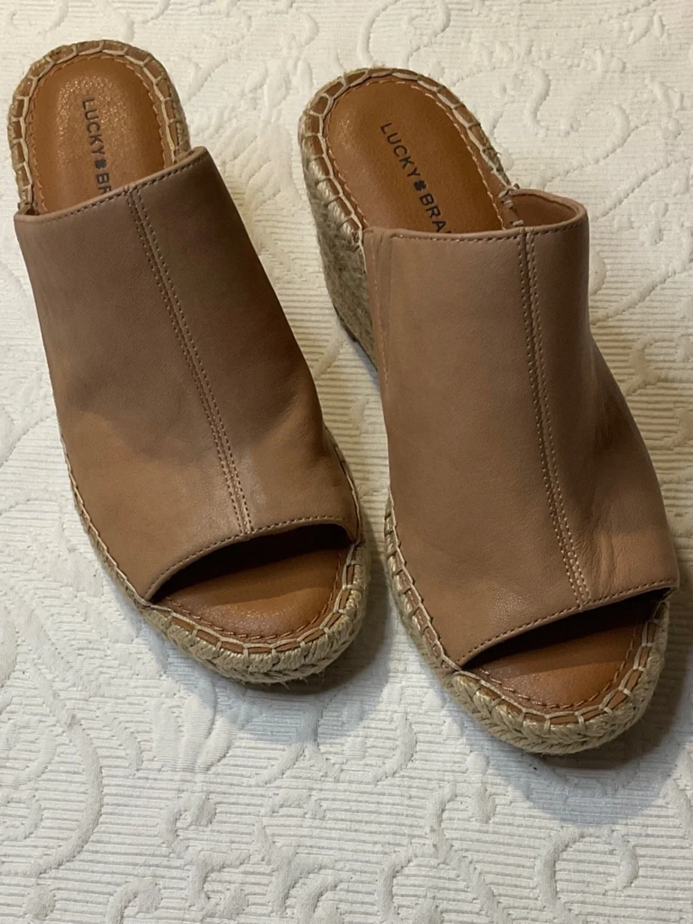 Lucky Brand Taupe Leather Espadrille Wedge Slides